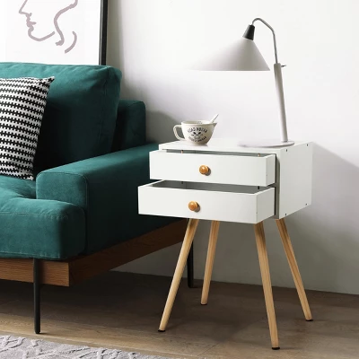 Costway 2PCS Mid Century Modern 2 Drawers Nightstand In White Sofa Side Table End Table - Image 4