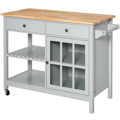 HOMCOM Kitchen Island Utility Storage Trolley Cart With Rubber Wood Top, Towel Rack, 2 Cabinets & Drawers For Dining Room - Image 6