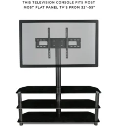 Mount-It! Floor Standing TV Stand W/ 3 Tiered Tempered Glass Equipment Shelves | Entertainment Center W/ Glass Shelves & Flat Screen Mounting Bracket