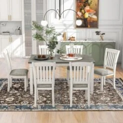 7-Piece Wooden Dining Table Set With 1 Dining Table And 6 Upholstered Chairs With Shaped Legs, Gray+White - ModernLuxe