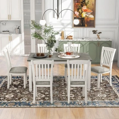 7-Piece Wooden Dining Table Set With 1 Dining Table And 6 Upholstered Chairs With Shaped Legs, Gray+White - ModernLuxe