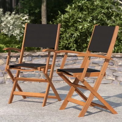 Merrick Lane Set Of 2 Indoor/Outdoor Acacia Wood Folding Patio Bistro Armchairs With Black Textilene Mesh Back And Seat, Natural - Image 3