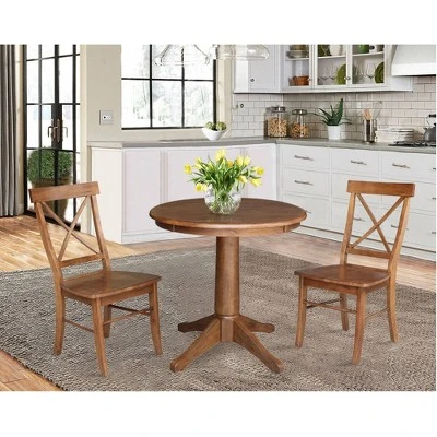 30" Corla Round Top Pedestal Table With 2 X Back Chairs Dining Sets Distressed Oak - International Concepts