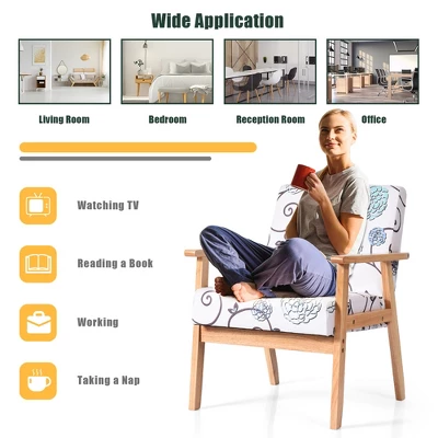 Costway Modern Accent Armchair Fabric Lounge Chair W/Rubber Wood Leg White&Blue Floral - Image 3