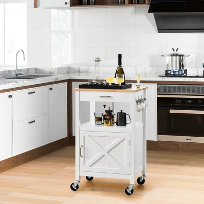 Tangkula Small Kitchen Island On Wheels Mobile Trolley Cart Barn Door Drawer Hooks - Image 2