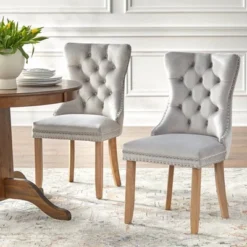 Set Of 2 Portico Tufted High Back Velvet Dining Chairs Gray - Buylateral