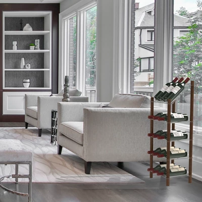 Life Story MyWinebar 15 Bottle Wine Holder Wood Frame Floor Storage Rack Display Stand With Tilted Top Shelf And 4 Flat Display Shelves - Image 2