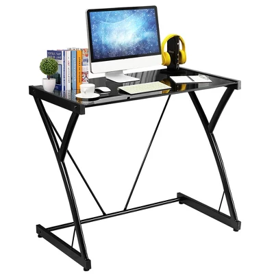 Costway Glass Top Computer Desk Laptop Writing Study Workstation Z-Shaped Metal Frame - Image 8