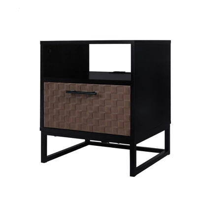 Arina Brown Leatherette 21.89"H X 15.59"D X 18.78"W With Bands Weaving Vision End & Side Tables With Storage And Upper Layer With Plug-The Pop Home - Image 5