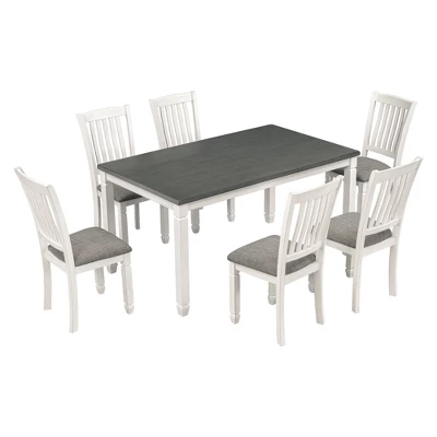 7-Piece Wooden Dining Table Set With 1 Dining Table And 6 Upholstered Chairs With Shaped Legs, Gray+White - ModernLuxe - Image 4