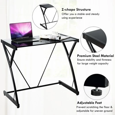 Costway Glass Top Computer Desk Laptop Writing Study Workstation Z-Shaped Metal Frame - Image 5