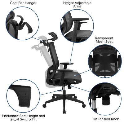 Flash Furniture Ergonomic Black Mesh Office Chair-Synchro-Tilt, Pivot Headrest, Adjustable Arms - Image 4