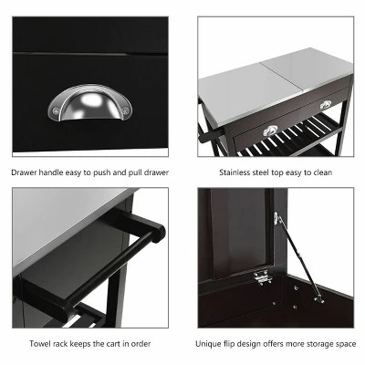 Costway Rolling Kitchen Island Trolley Cart Stainless Steel Flip Tabletop W/ Drawer Brown - Image 6