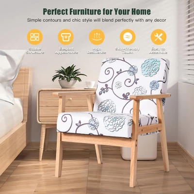 Costway Modern Accent Armchair Fabric Lounge Chair W/Rubber Wood Leg White&Blue Floral - Image 5