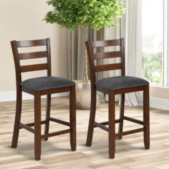 Costway Set Of 2 Barstools Counter Height Chairs W/Fabric Seat & Rubber Wood Legs