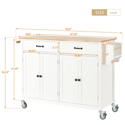 54.3 Inch Width Kitchen Island Cart With Solid Wood Top, 4 Door Cabinet, Two Drawers, Spice Rack And Locking Wheels-ModernLuxe - Image 2