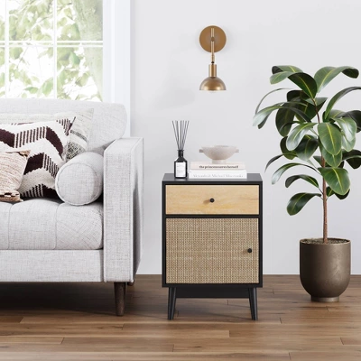 Bonnie Rattan And Wood Storage Side Table Matte Black/Light Mango Wood - Nathan James