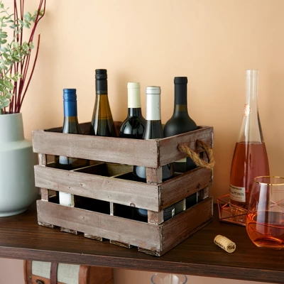 Twine 4281 Farm House Decor, Wood Wine Holder Rustic Farmhouse Wooden 6 Bottle Crate, Dark Wood, Brown Finish