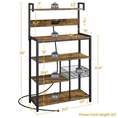 Yaheetech 5-Tier 56" H Baker’s Rack With Wire Basket & Power Outlets, Rustic Brown - Image 2