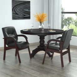 Executive Leather Guest Chair With Mahogany Finished Wood Black - Boss Office Products