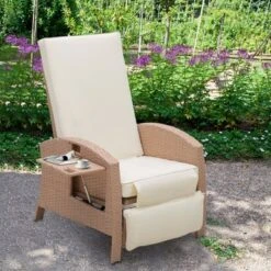 Outsunny Patio Recliner, Outdoor Reclining Chair With Flip-Up Side Table, All-Weather Wicker Metal Frame Chaise With Footrest, Cushions