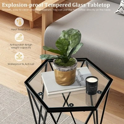 Costway Set Of 2 End Table Tempered Glass Top Metal Frame Hexagonal Accent Side Table - Image 5