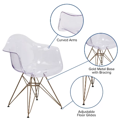 Emma And Oliver 2 Pack Transparent Side Chair With Arms And Gold Base - Accent & Side Chair - Image 9