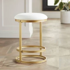 55 Downing Street Gold Bar Stool 26" High Modern White Fabric Cushion With Footrest For Kitchen Counter Height Island Home House