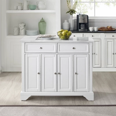 Avery Kitchen Island/Cart Distressed White/White Marble - Crosley - Image 2