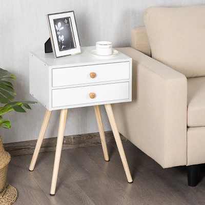Costway 2PCS Mid Century Modern 2 Drawers Nightstand In White Sofa Side Table End Table - Image 2