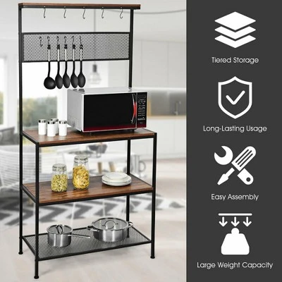 Costway 4-Tier Kitchen Bakers Rack Microwave Oven Stand Industrial W/Hooks & Mesh Panel - Image 5