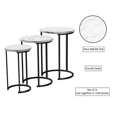 Hastings Home Round End Tables With Faux Marble Top And Black Metal Base Nesting Tables, White, Set Of 3 - Image 2