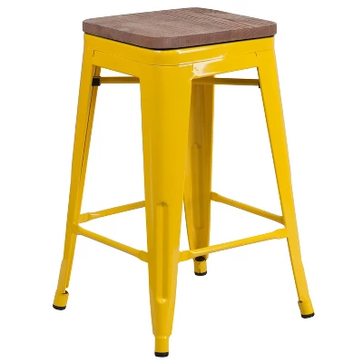 Merrick Lane Backless Metal Dining Stool With Wooden Seat For Indoor Use - Image 15