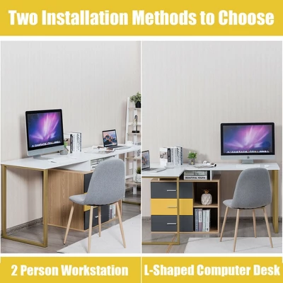 Costway 87'' Two Person Computer Desk Adjustable L-Shaped Office Desk W/Shelves & Drawers - Image 6
