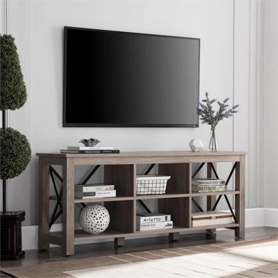 58" Open Back TV Stand In Gray Oak Wood With Metal Black Accents - Henn&Hart