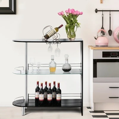 Costway Wine Rack Unit W/Tempered Glass Shelf & Glass Holders Glossy Black - Image 3