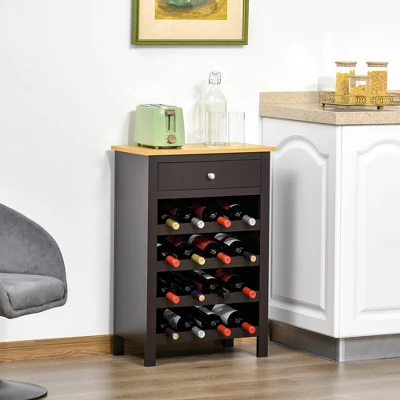 HOMCOM Modern Wine Rack, Storage Cabinet With 16-Bottle Wine Holder And Drawer For Living Room Or Home Bar, Dark Brown - Image 2