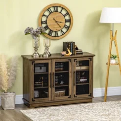 HOMCOM Farmhouse Buffet Cabinet, Sideboard, Kitchen Storage Cabinet With Adjustable Shelves And Wire Mesh Door, Coffee Bar For Living Room, Walnut