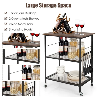 Costway 3-Tier Kitchen Serving Cart Utility Standing Microwave Rack W/ Hooks - Image 6