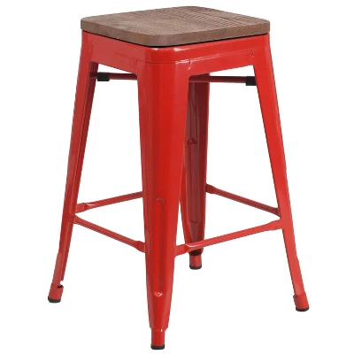 Merrick Lane Backless Metal Dining Stool With Wooden Seat For Indoor Use - Image 20