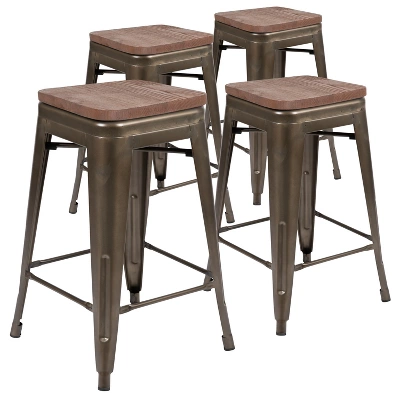 Flash Furniture 24" High Metal Counter-Height, Indoor Bar Stool With Wood Seat - Stackable Set Of 4 - Image 11