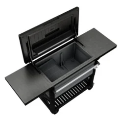 Keter KET-252172 89.8 Quart Outdoor Rolling Patio Cooler And Insulated Beverage Cart With Fold Down Glass Shelf And Built In Bottle Opener, Gray