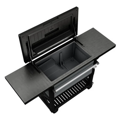 Keter KET-252172 89.8 Quart Outdoor Rolling Patio Cooler And Insulated Beverage Cart With Fold Down Glass Shelf And Built In Bottle Opener, Gray