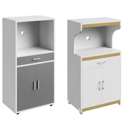 Microwave Stand With Drawer – Rolling Storage Cabinet With Doors And Locking Wheels – Freestanding Kitchen Storage By Lavish Home (White And Gray) - Image 2