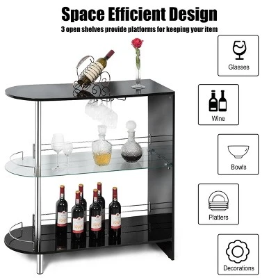 Costway Wine Rack Unit W/Tempered Glass Shelf & Glass Holders Glossy Black - Image 4
