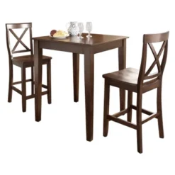 3pc Pub Dining Set With Tapered Leg And X-Back Stools Vintage Mahogany Finish - Crosley