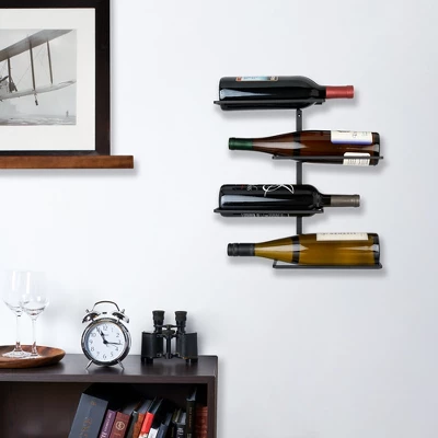 True Align Wall-Mounted Wine Rack, Black Wrought Iron, Holds Four Standard Wine Bottles, 14.75" X 14.25" X 3"