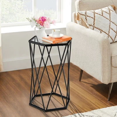 Costway Set Of 2 End Table Tempered Glass Top Metal Frame Hexagonal Accent Side Table - Image 4