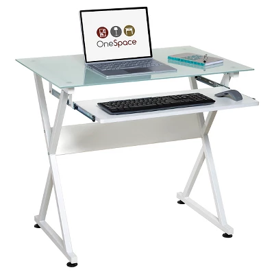 Ultramodern Glass Computer Desk, Pull-Out Keyboard, Steel Frame - OneSpace - Image 8