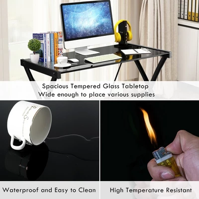 Costway Glass Top Computer Desk Laptop Writing Study Workstation Z-Shaped Metal Frame - Image 6